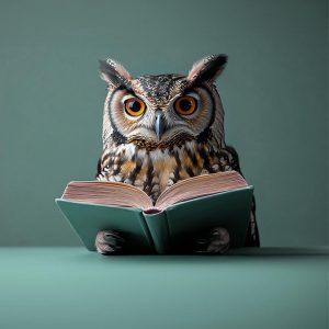 Wise owl on a blue background, reading a book and symbolizing wi Wise owl on a blue background, reading a book and symbolizing wi